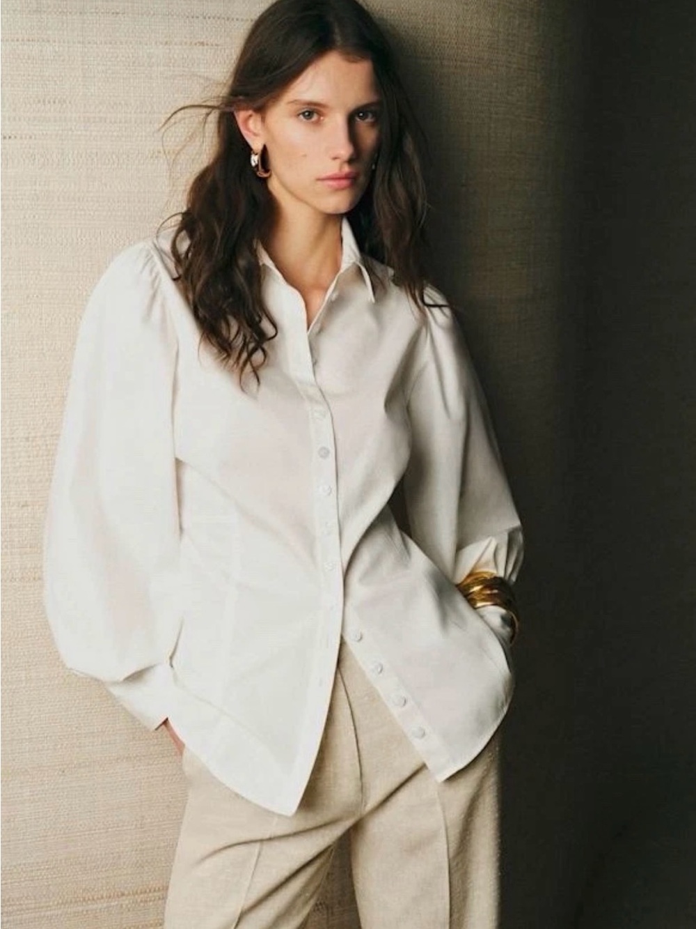 NWT Sezane Sullia Button Down Balloon Sleeve Ecru Poplin Shirt Size 36 (US 4)